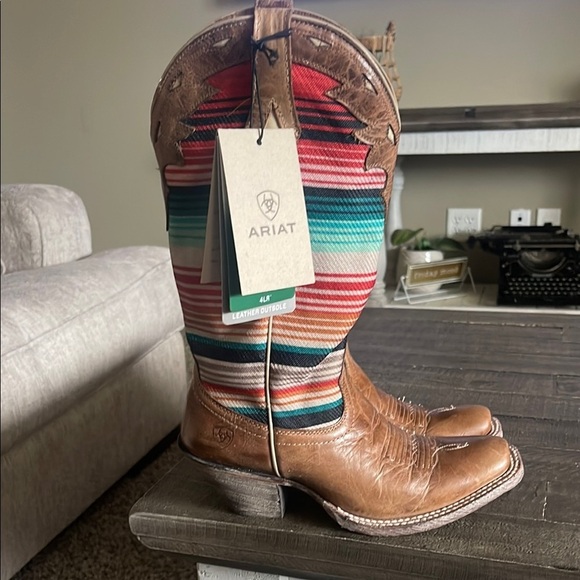 Ariat Brown Cowboy Boot with Colorful Accent Pattern - Picture 1 of 12